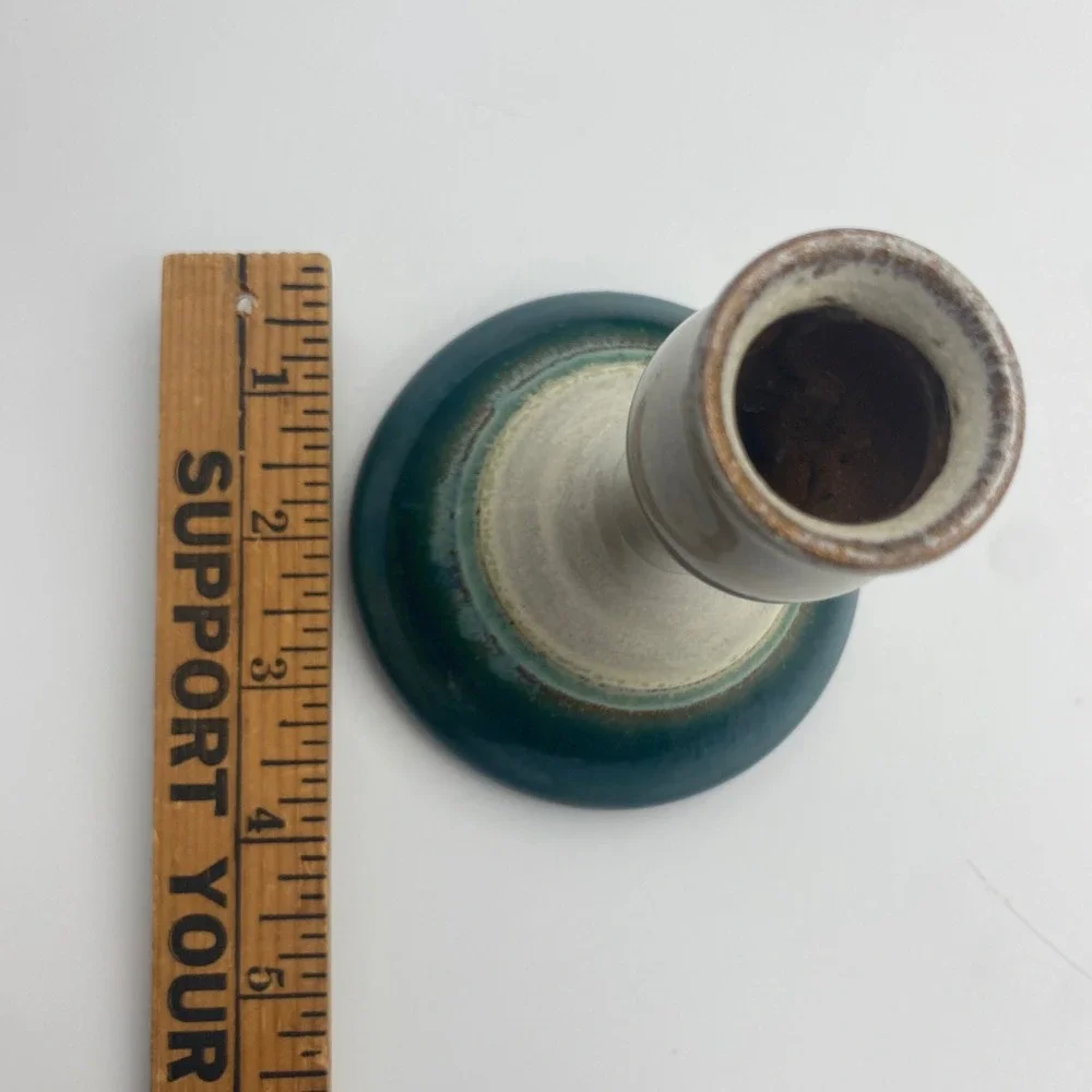 Studio Pottery Hand Signed Teal Cream Drip Glaze Candlestick Holders Set‎ of 2